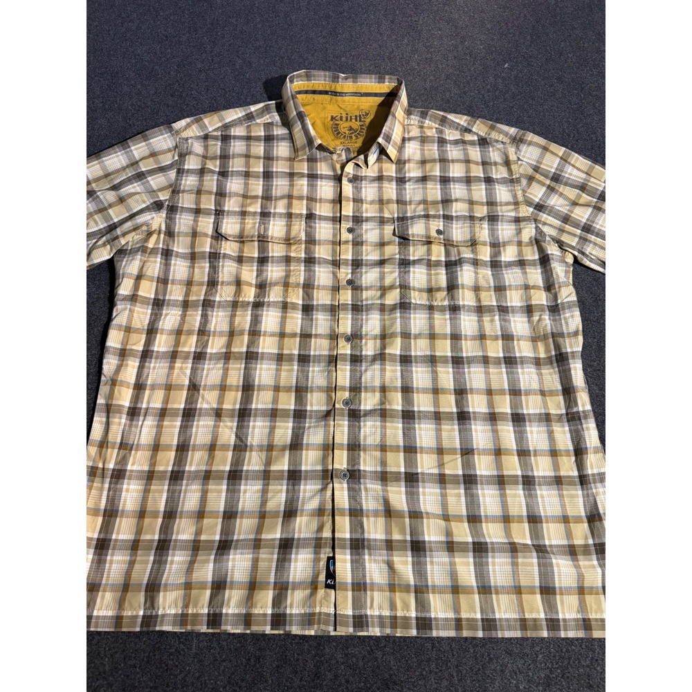 Kuhl Eluxur Plaid Short Sleeve Button Down Shirt Mens XXLarge Tan Brown Blue